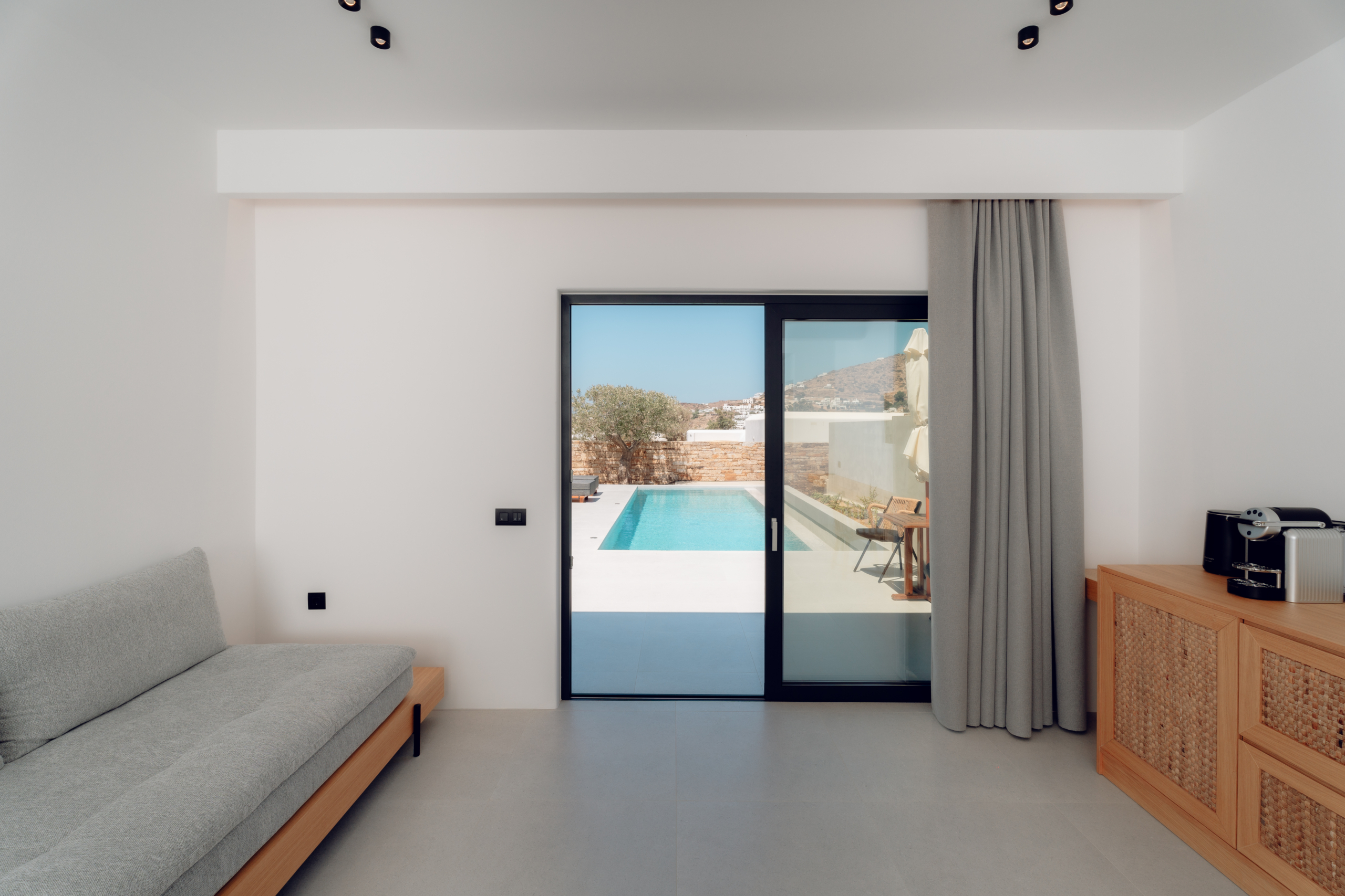 Bliss Hotel Ios suite outdoor living area with private pool