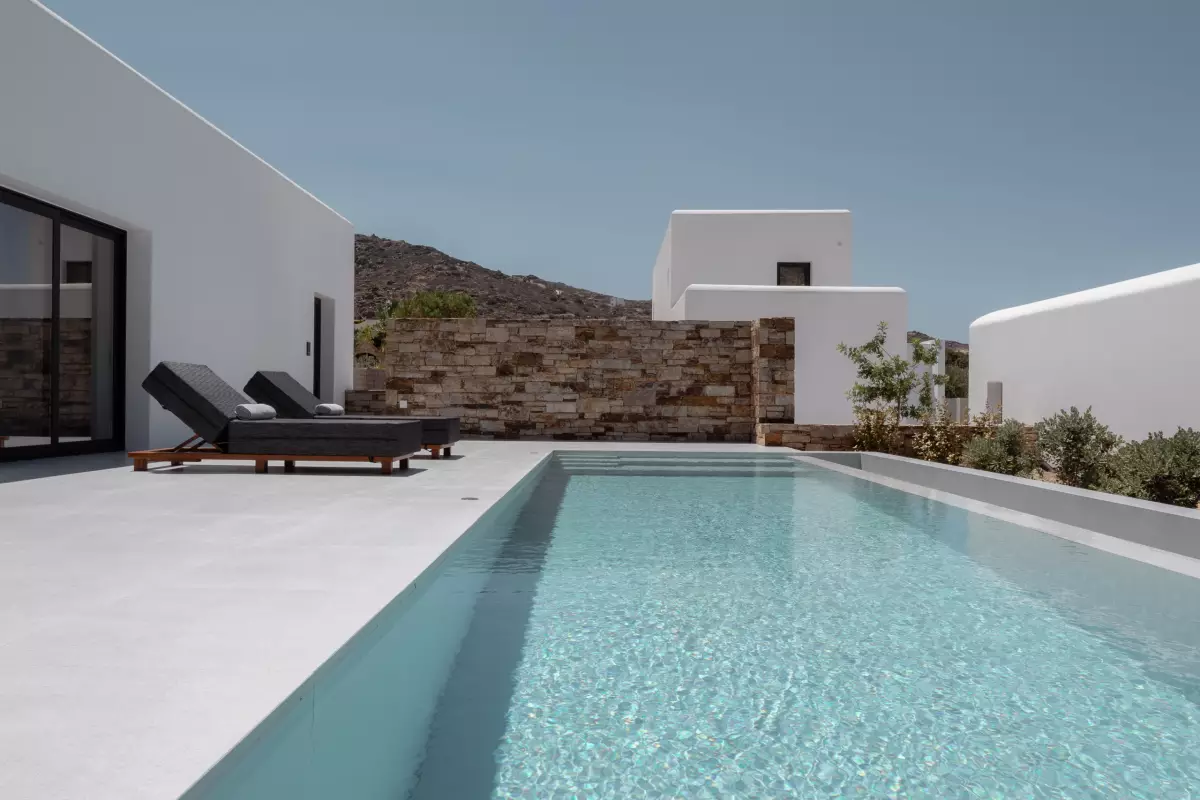 Bliss Hotel Ios private pool with golden Aegean light, Ios island Greece